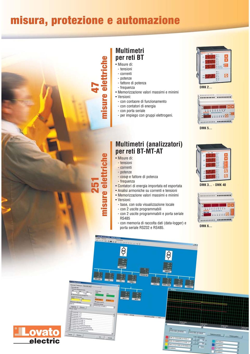DMK 2 DMK 5 251 misure elettriche Multimetri (analizzatori) per reti BT-MT-T Misure di: - tensioni - correnti - potenze - cosϕ e fattore di potenza - frequenza Contatori di energia importata ed