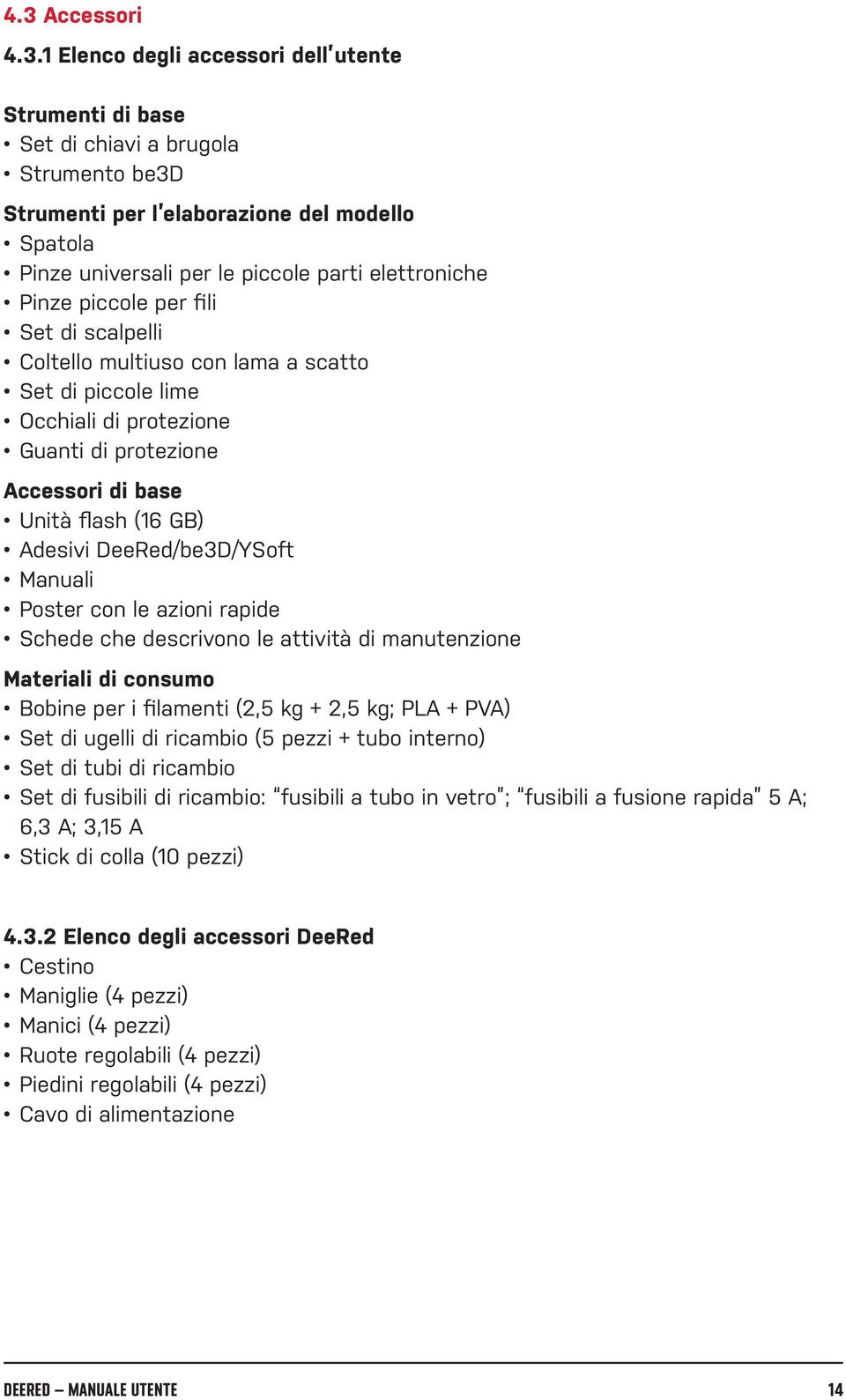 DeeRed/be3D/YSoft Manuali Poster con le azioni rapide Schede che descrivono le attività di manutenzione Materiali di consumo Bobine per i filamenti (2,5 kg + 2,5 kg; PLA + PVA) Set di ugelli di