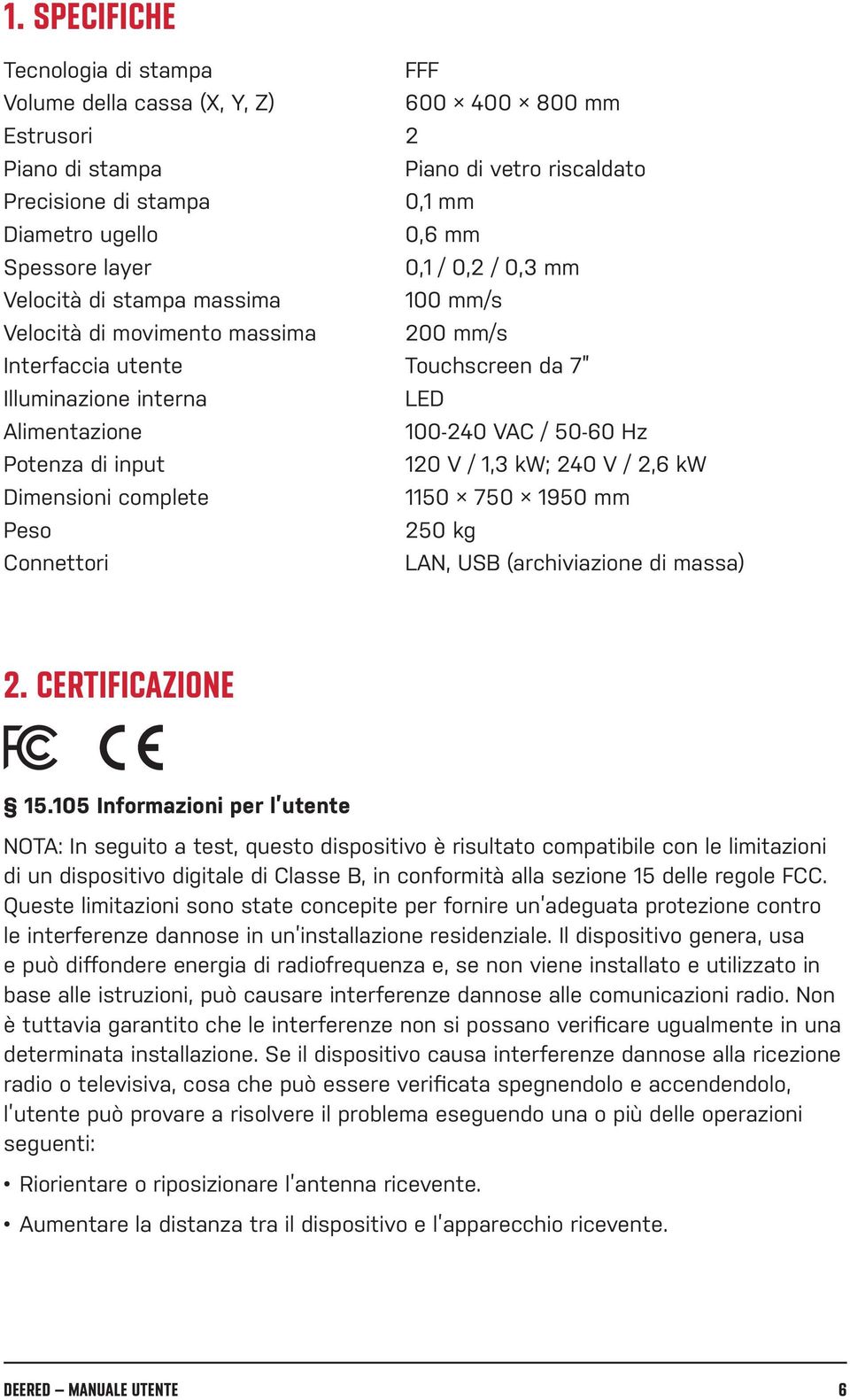 Potenza di input 120 V / 1,3 kw; 240 V / 2,6 kw Dimensioni complete 1150 750 1950 mm Peso 250 kg Connettori LAN, USB (archiviazione di massa) 2. CERTIFICAZIONE 15.