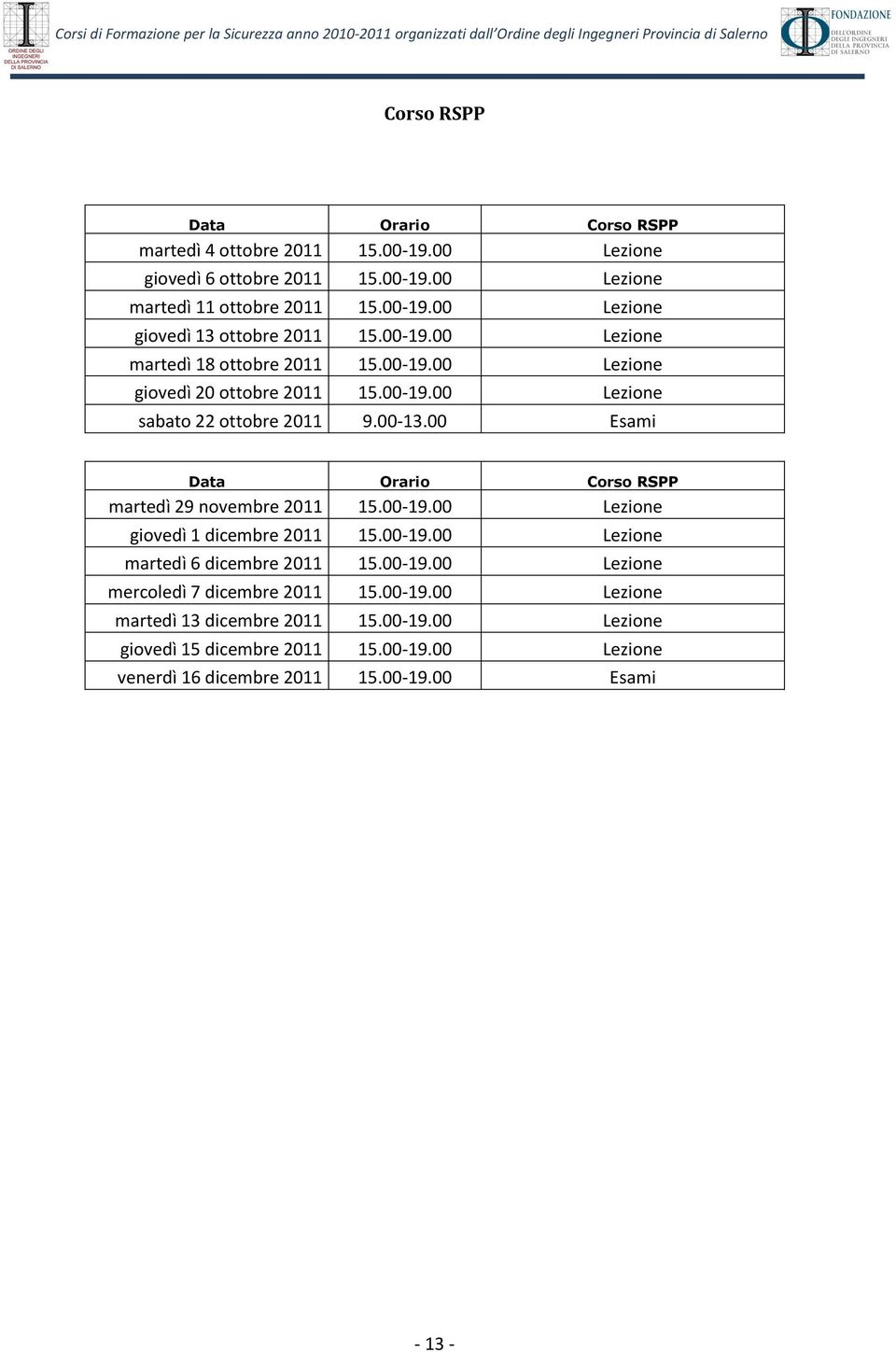 00 Esami Data Orario Corso RSPP martedì 29 novembre 2011 15.00-19.00 Lezione giovedì 1 dicembre 2011 15.00-19.00 Lezione martedì 6 dicembre 2011 15.00-19.00 Lezione mercoledì 7 dicembre 2011 15.