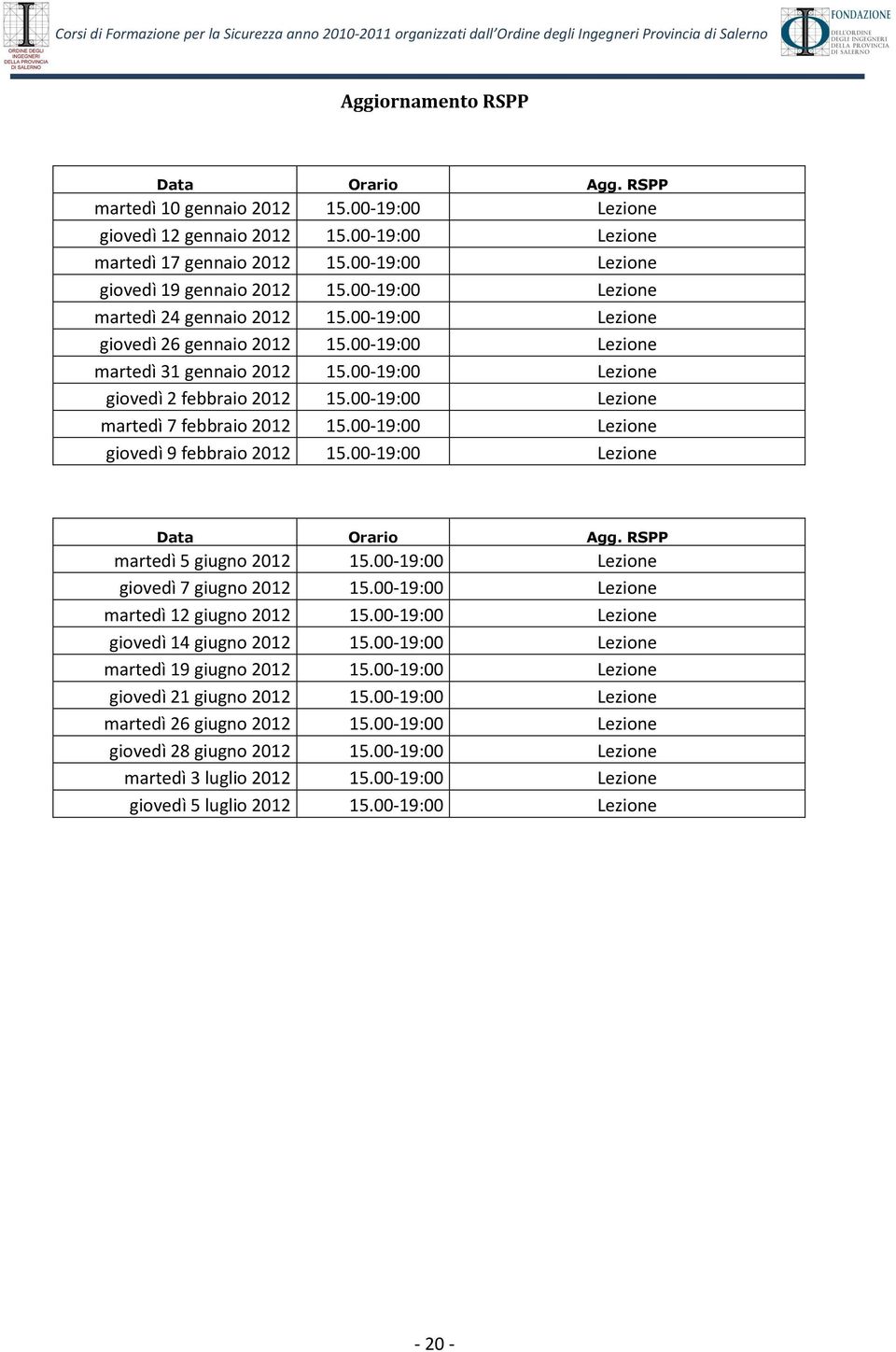 00-19:00 Lezione martedì 7 febbraio 2012 15.00-19:00 Lezione giovedì 9 febbraio 2012 15.00-19:00 Lezione Data Orario Agg. RSPP martedì 5 giugno 2012 15.00-19:00 Lezione giovedì 7 giugno 2012 15.