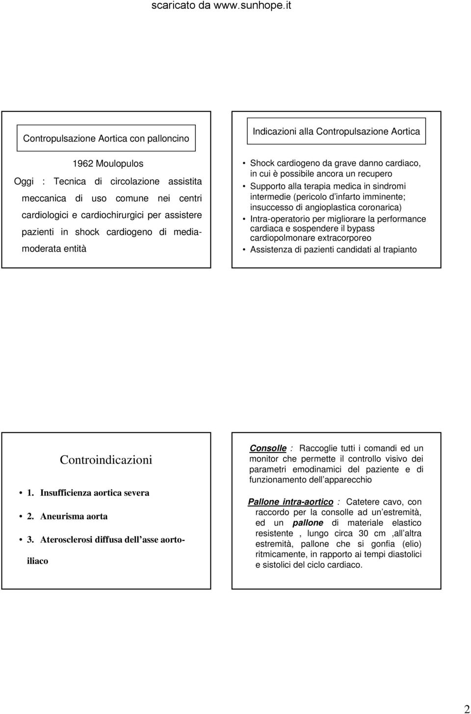 intermedie (pericolo d infarto imminente; insuccesso di angioplastica coronarica) Intra-operatorio per migliorare la performance cardiaca e sospendere il bypass cardiopolmonare extracorporeo