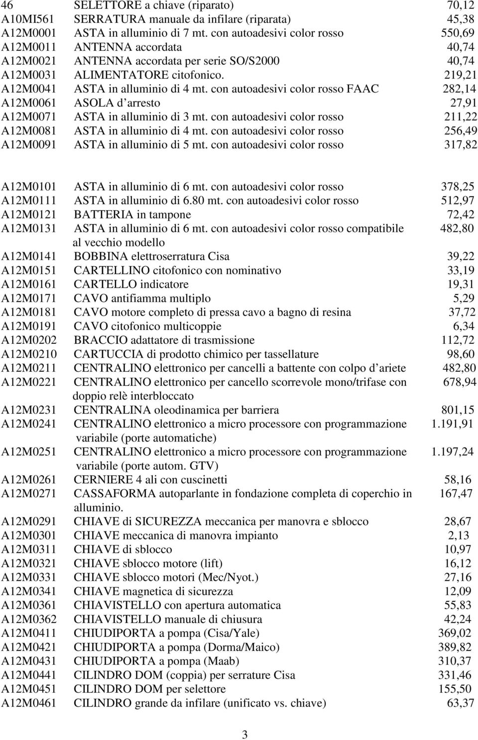 con autoadesivi color rosso FAAC 282,14 A12M0061 ASOLA d arresto 27,91 A12M0071 ASTA in alluminio di 3 mt. con autoadesivi color rosso 211,22 A12M0081 ASTA in alluminio di 4 mt.