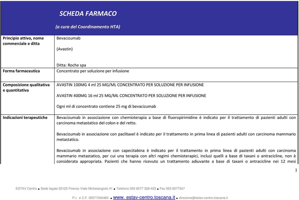 mg di bevacizumab Indicazioni terapeutiche Bevacizumab in associazione con chemioterapia a base di fluoropirimidine è indicato per il trattamento di pazienti adulti con carcinoma metastatico del