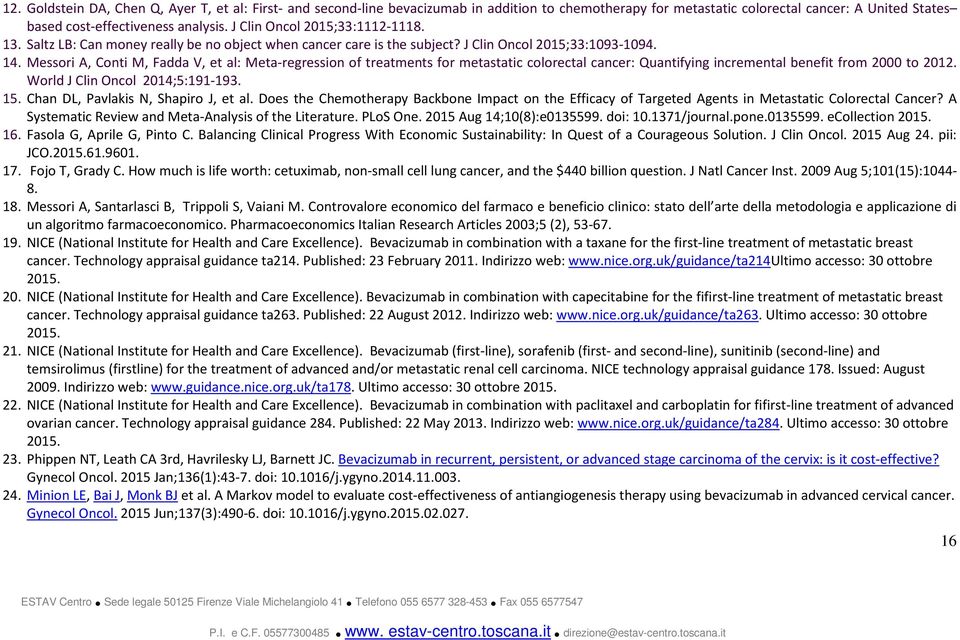 Messori A, Conti M, Fadda V, et al: Meta-regression of treatments for metastatic colorectal cancer: Quantifying incremental benefit from 2000 to 2012. World J Clin Oncol 2014;5:191-193. 15.