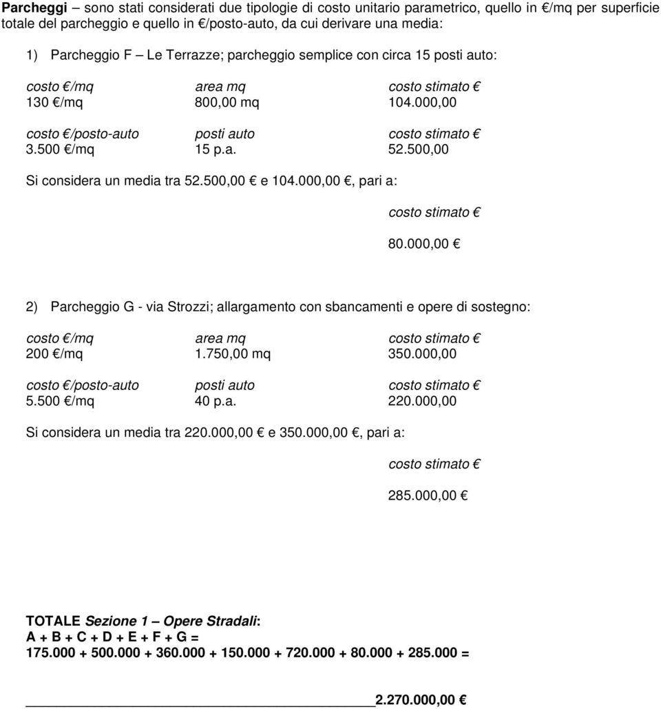 000,00, pari a: costo stimato 80.000,00 2) Parcheggio G - via Strozzi; allargamento con sbancamenti e opere di sostegno: 200 /mq 1.750,00 mq 350.000,00 costo /posto-auto posti auto costo stimato 5.