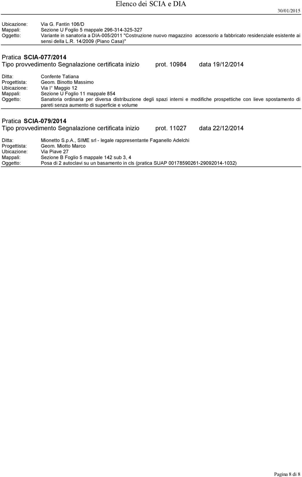 della L.R. 14/2009 (Piano Casa)" Pratica SCIA-077/2014 Tipo provvedimento Segnalazione certificata inizio prot. 10984 data 19/12/2014 Confente Tatiana Progettista: Geom.