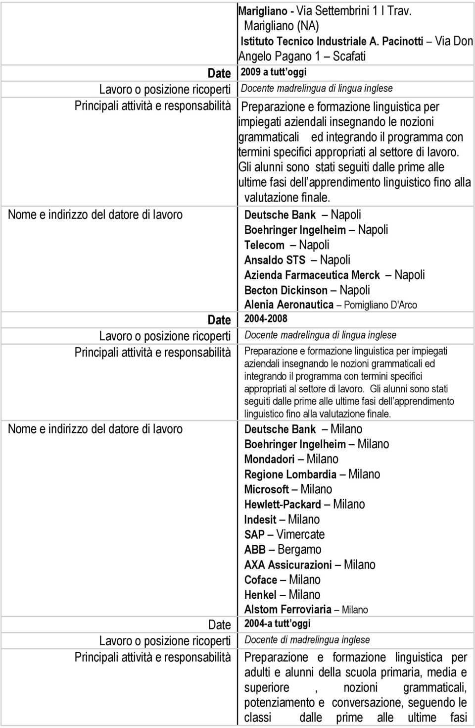 programma con termini specifici appropriati al settore di lavoro.