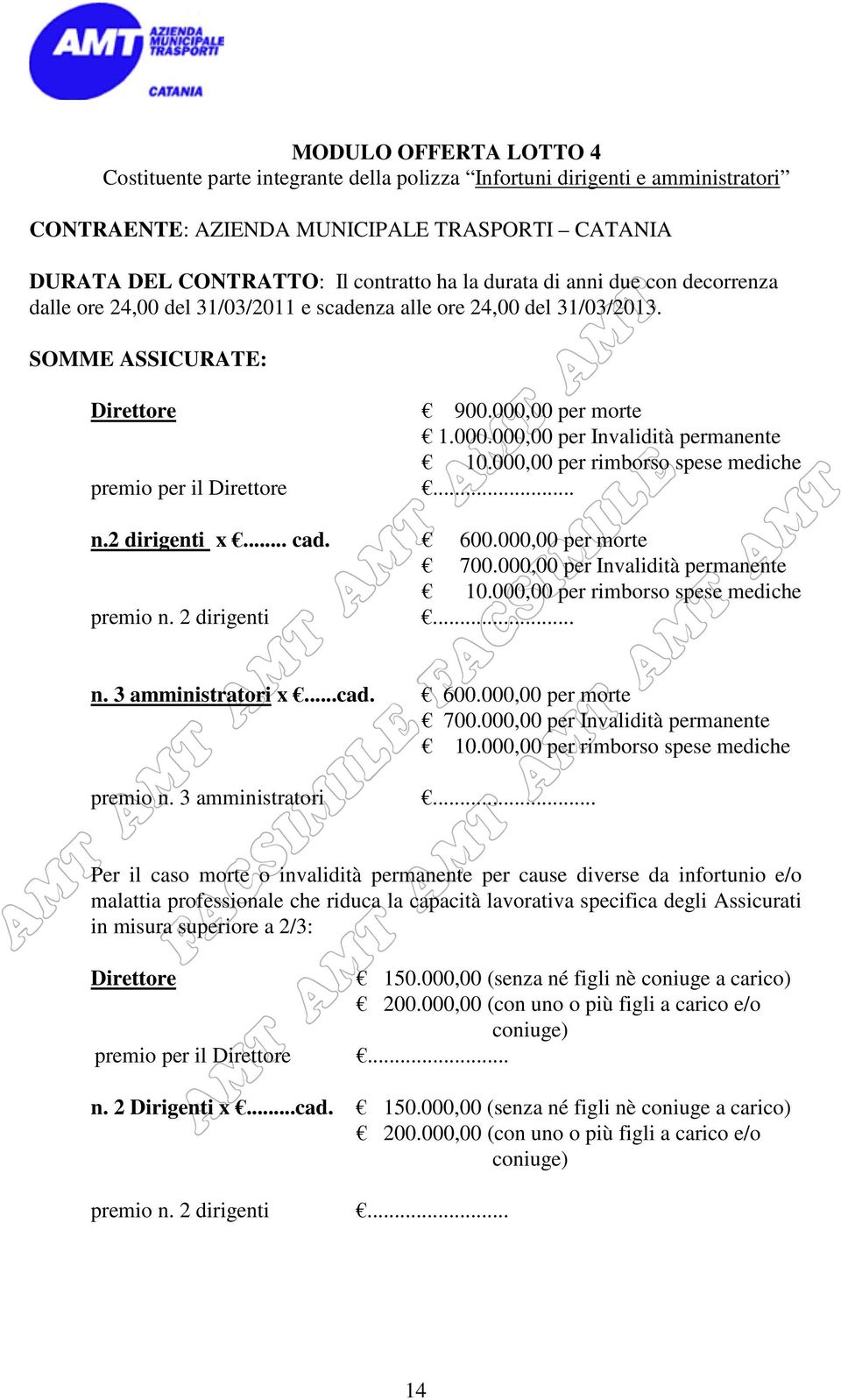 000,00 per rimborso spese mediche premio per il Direttore... n.2 dirigenti x... cad. 600.000,00 per morte 700.000,00 per Invalidità permanente 10.000,00 per rimborso spese mediche premio n.