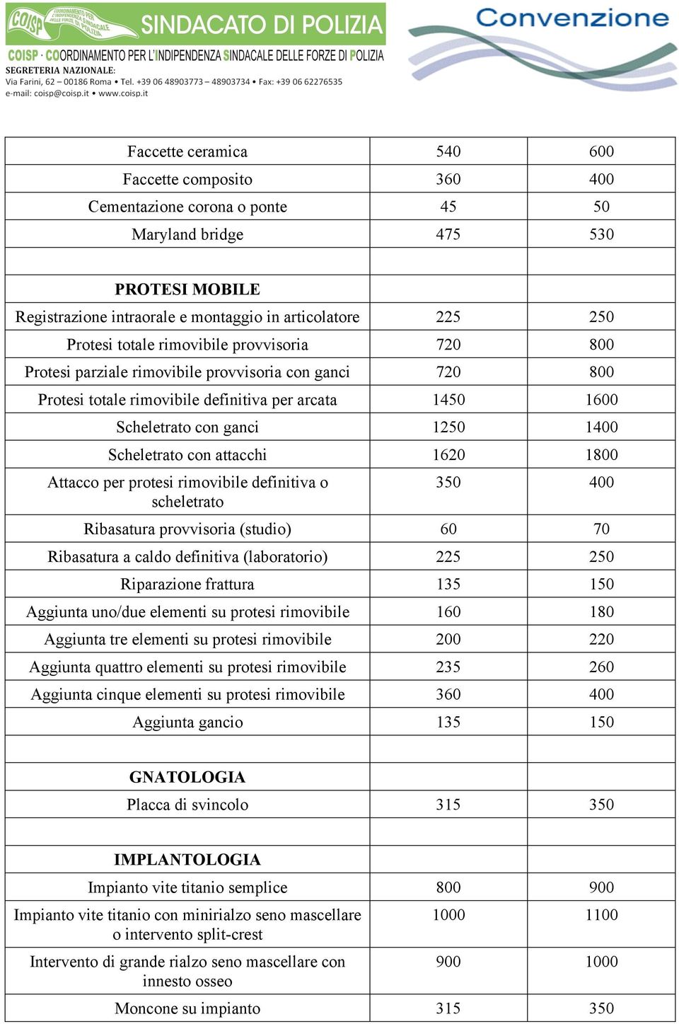 con attacchi 1620 1800 Attacco per protesi rimovibile definitiva o scheletrato 350 400 Ribasatura provvisoria (studio) 60 70 Ribasatura a caldo definitiva (laboratorio) 225 250 Riparazione frattura