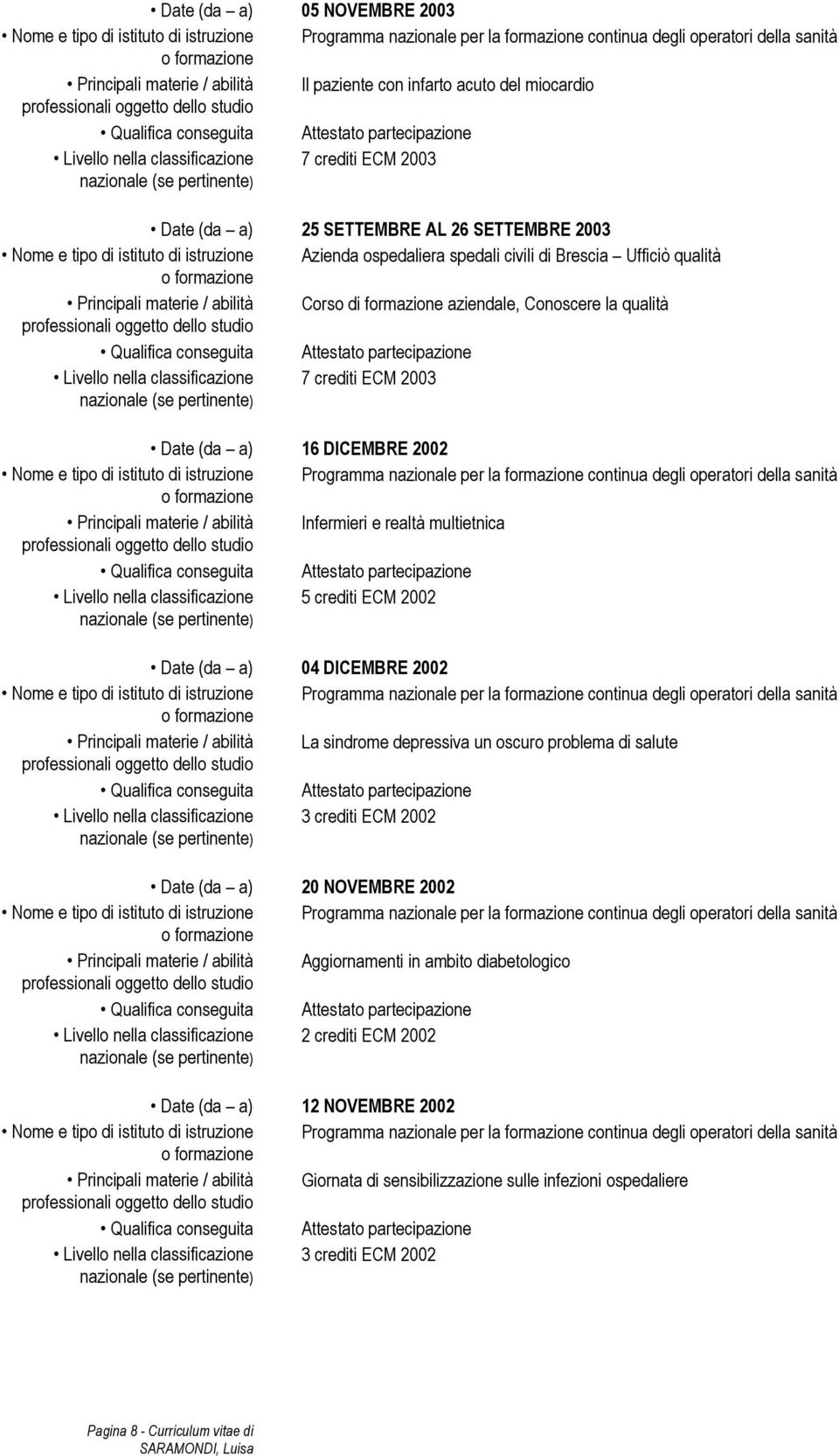 2002 Principali materie / abilità Infermieri e realtà multietnica 5 crediti ECM 2002 Date (da a) 04 DICEMBRE 2002 Principali materie / abilità La sindrome depressiva un oscuro problema di salute 3