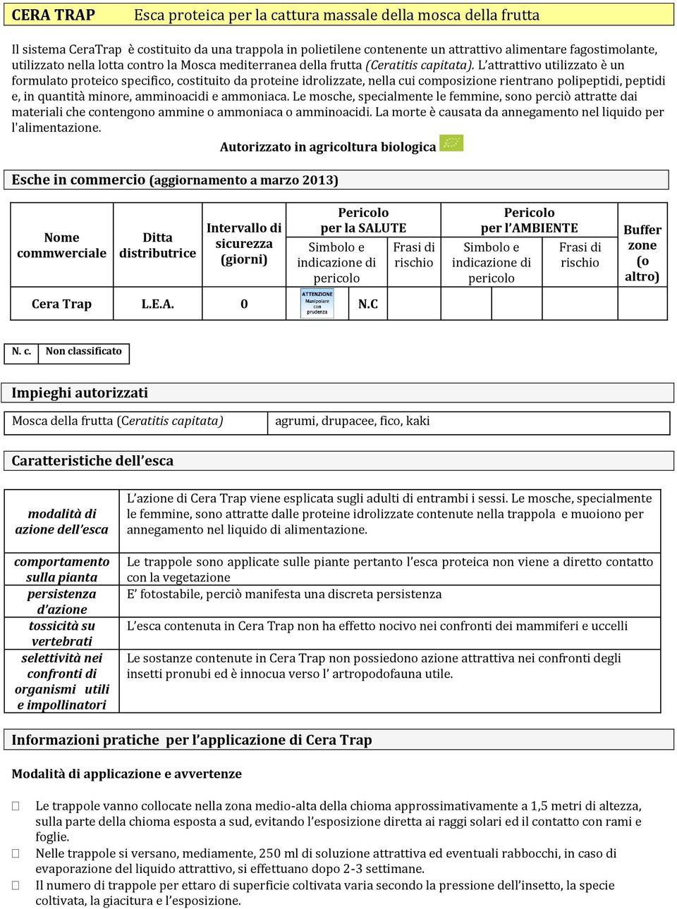 L attrattivo utilizzato è un formulato proteico specifico, costituito da proteine idrolizzate, nella cui composizione rientrano polipeptidi, peptidi e, in quantità minore, amminoacidi e ammoniaca.