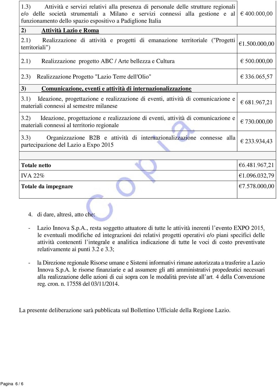 1) Realizzazione progetto ABC / Arte bellezza e Cultura 500.000,00 2.3) Realizzazione Progetto "Lazio Terre dell'olio" 336.065,57 3) Comunicazione, eventi e attività di internazionalizzazione 3.