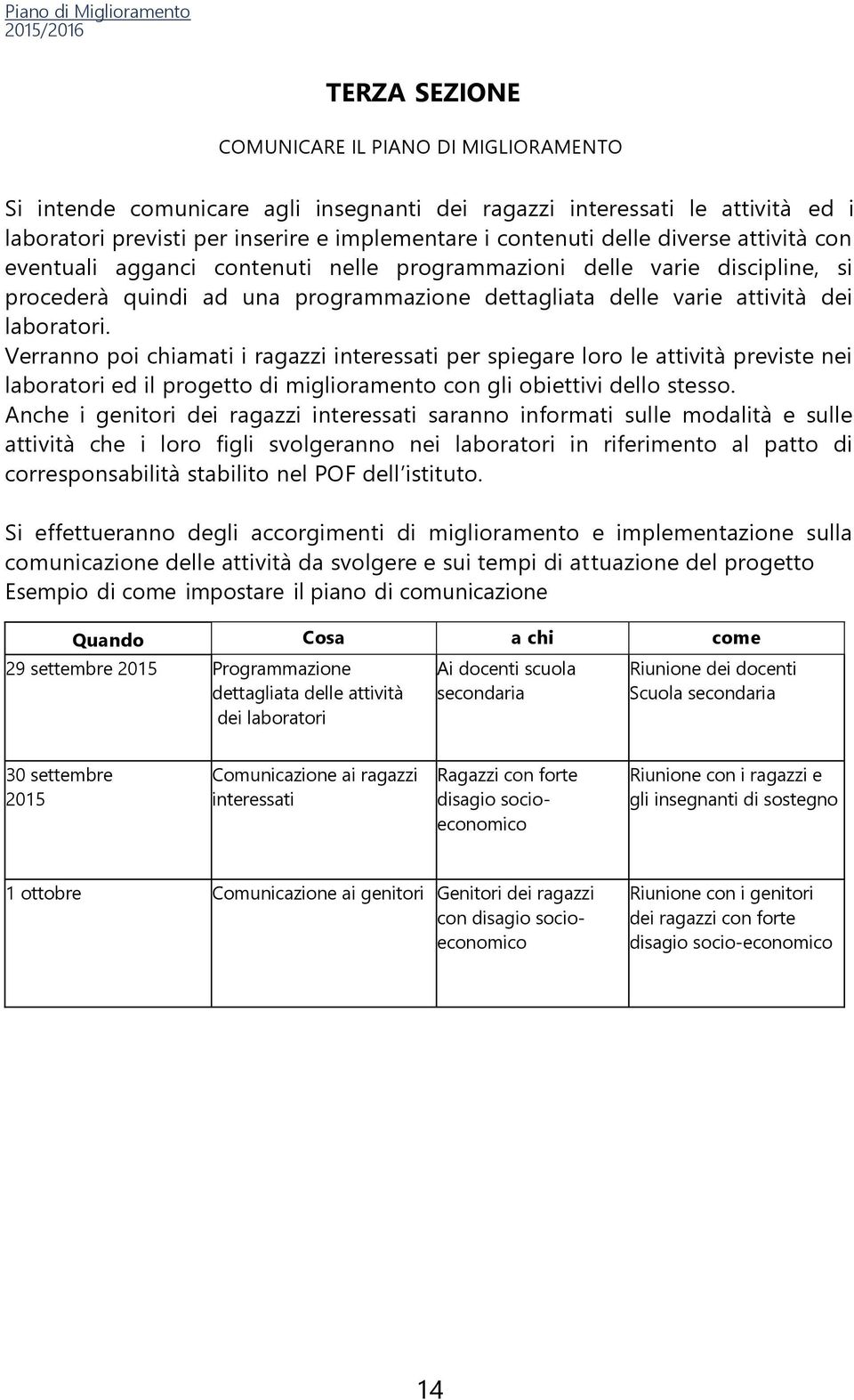 Verranno poi chiamati i ragazzi interessati per spiegare loro le attività previste nei laboratori ed il progetto di miglioramento con gli obiettivi dello stesso.