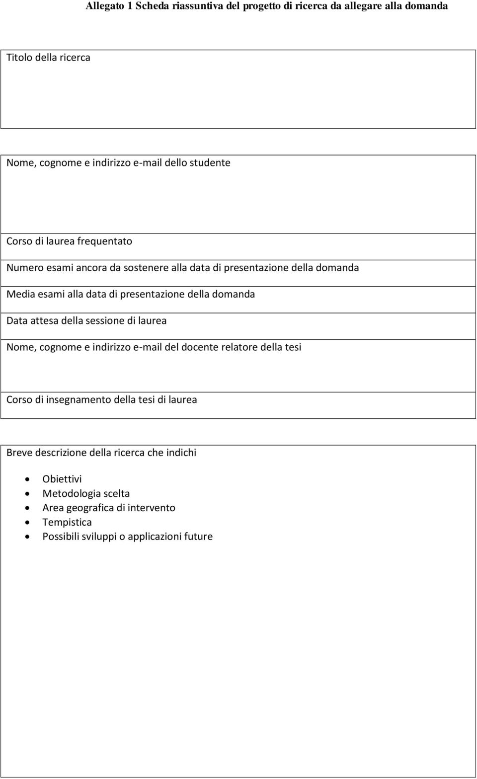 domanda Data attesa della sessione di laurea Nome, cognome e indirizzo e-mail del docente relatore della tesi Corso di insegnamento della tesi di