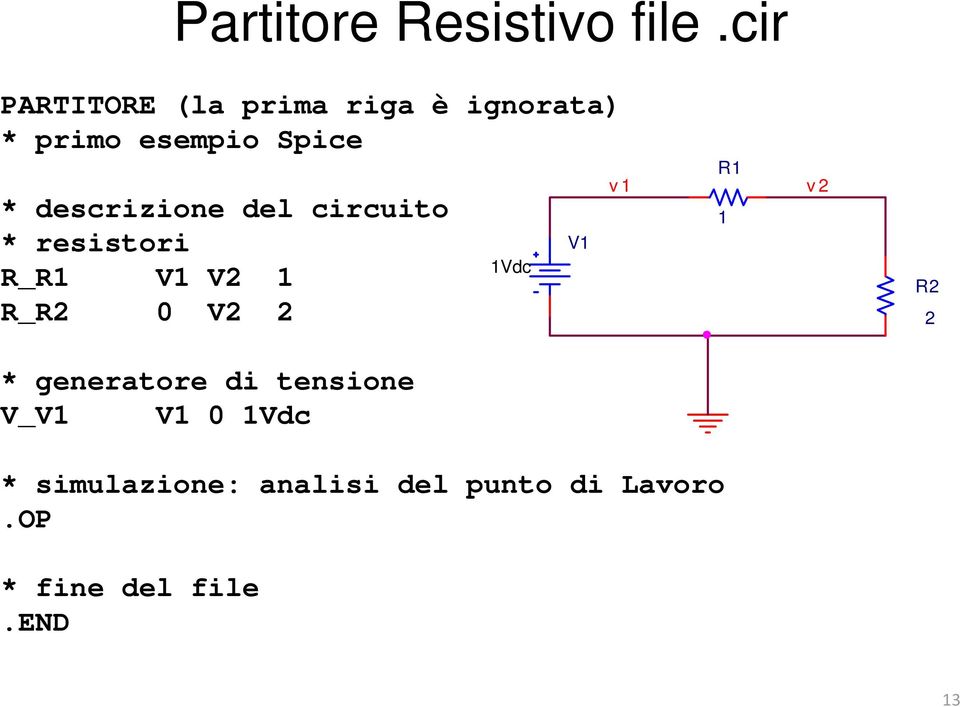 descrizione del circuito * resistori R_R1 V1 V2 1 R_R2 0 V2 2 1Vdc V1