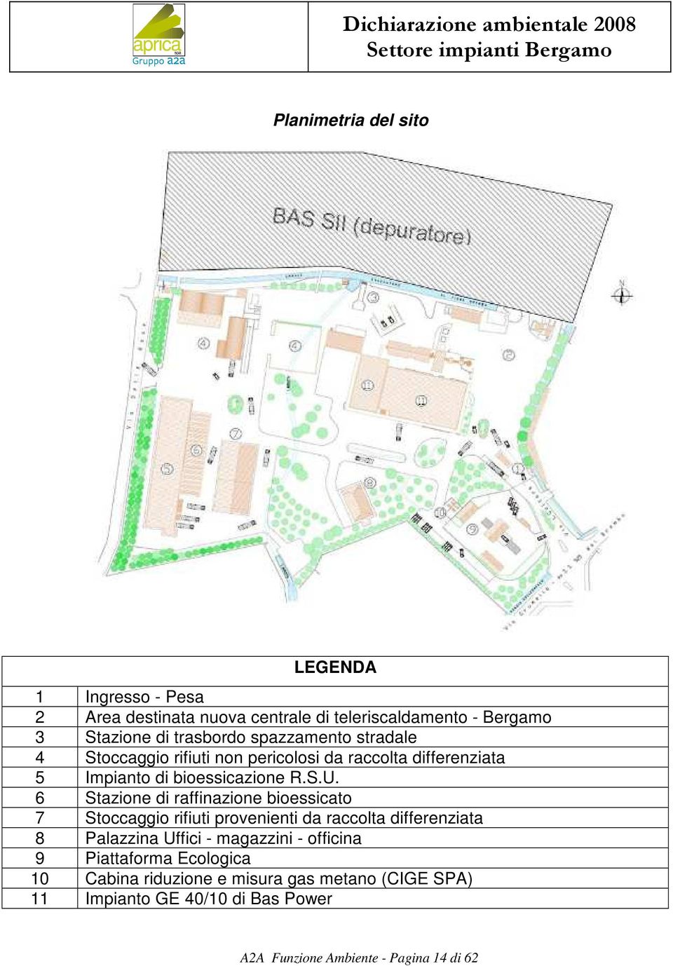 6 Stazione di raffinazione bioessicato 7 Stoccaggio rifiuti provenienti da raccolta differenziata 8 Palazzina Uffici - magazzini -