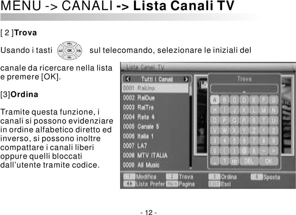 [3]Ordina Tramite questa funzione, i canali si possono evidenziare in ordine alfabetico