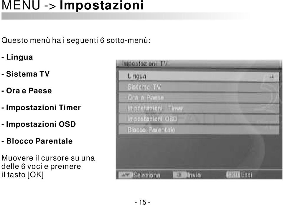 Impostazioni Timer - Impostazioni OSD - Blocco Parentale