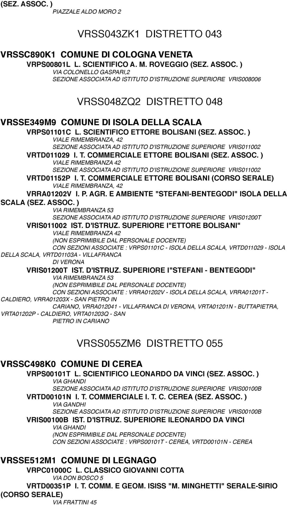 VIALE RIMEMBRANZA, 42 SEZIONE ASSOCIATA AD ISTITUTO D'ISTRUZIONE SUPERIORE VRIS011002 VRTD011029 I. T. COMMERCIALE ETTORE BOLISANI (SEZ.