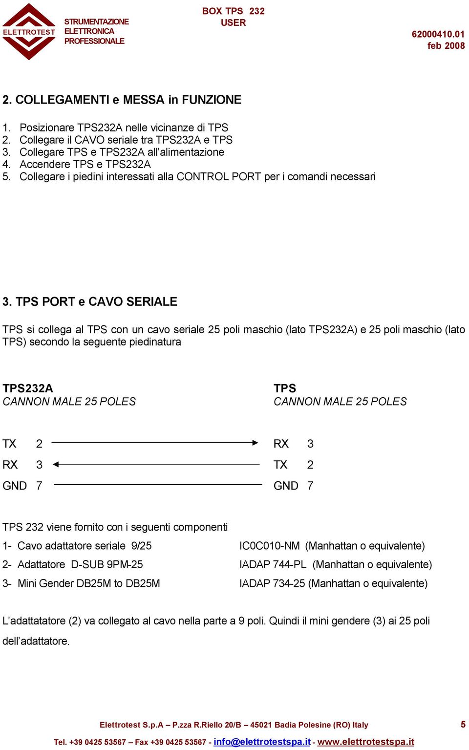 TPS PORT e CAVO SERIALE TPS si collega al TPS con un cavo seriale 25 poli maschio (lato TPS232A) e 25 poli maschio (lato TPS) secondo la seguente piedinatura TPS232A CANNON MALE 25 POLES TPS CANNON