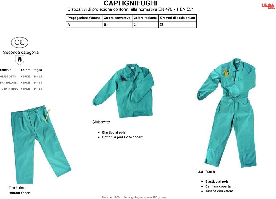 VERDE 44-64 TUTA INTERA VERDE 44-64 Giubbotto Elastico ai polsi Bottoni a pressione coperti Tuta intera