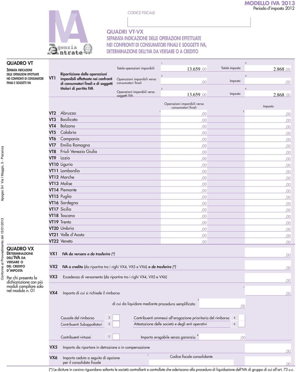 finali e di soggetti titolari di partita IVA Totale operazioni imponibili Operazioni imponibili verso consumatori finali Operazioni imponibili verso soggetti IVA. Totale imposta.. Imposta Imposta.