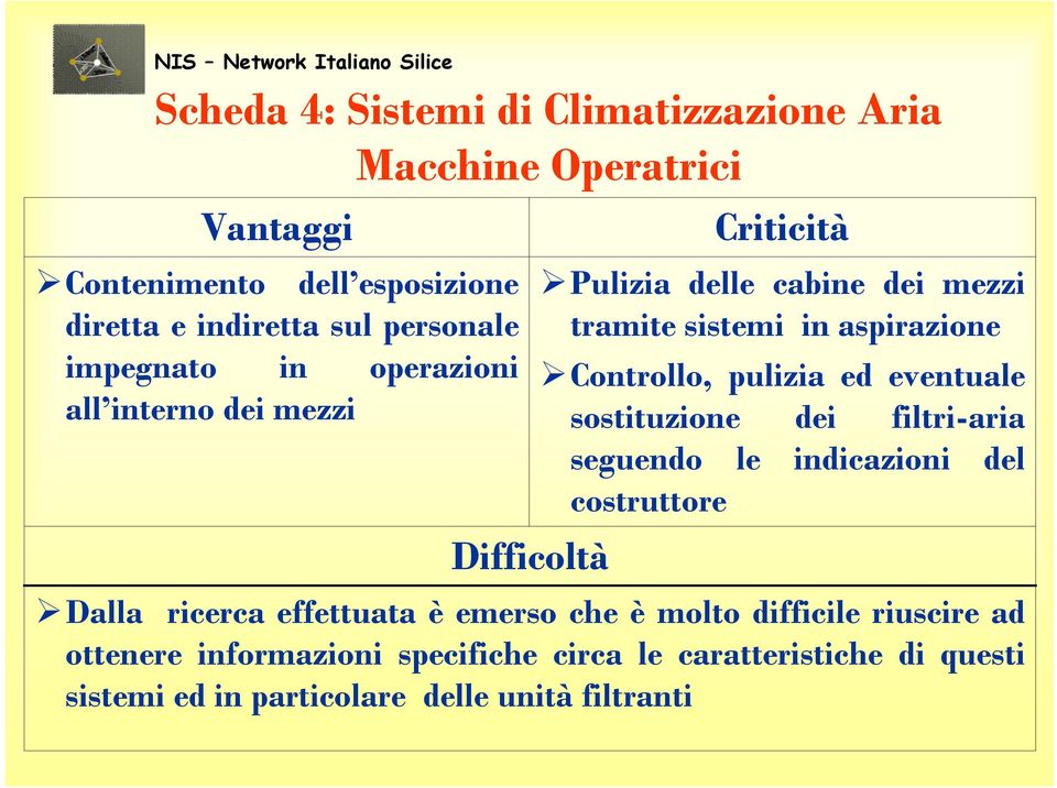 Controllo, pulizia ed eventuale sostituzione dei filtri-aria seguendo le indicazioni del costruttore Dalla ricerca effettuata è emerso