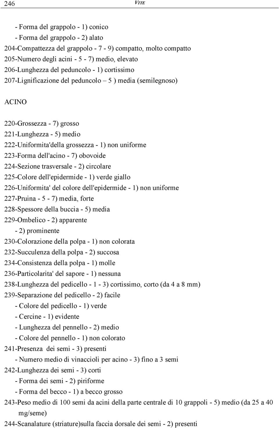 dell'acino - 7) obovoide 224-Sezione trasversale - 2) circolare 225-Colore dell'epidermide - 1) verde giallo 226-Uniformita' del colore dell'epidermide - 1) non uniforme 227-Pruina - 5-7) media,