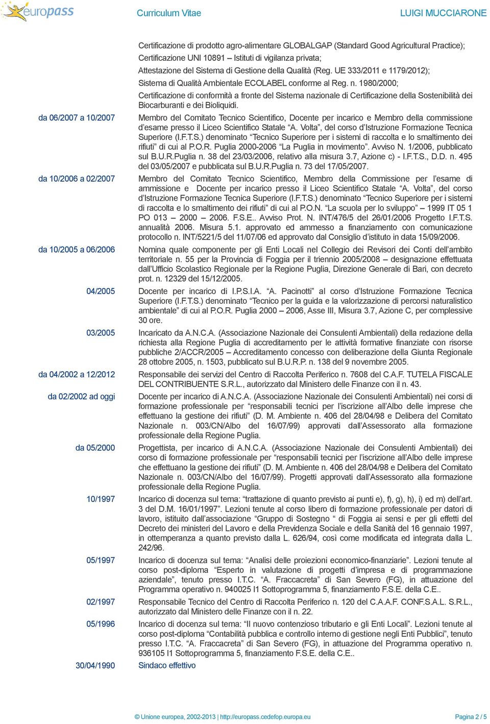 1980/2000; Certificazione di conformità a fronte del Sistema nazionale di Certificazione della Sostenibilità dei Biocarburanti e dei Bioliquidi.