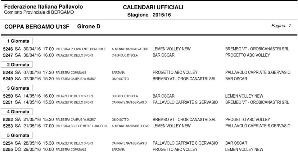 GERVASIO 5249 SA 07/05/16 15.30 PALESTRA CAMPUS "A.MORO" OSIO SOTTO BREMBO VT - OROBICANASTRI SRL BAR OSCAR 3 Giornata 5250 SA 14/05/16 16.