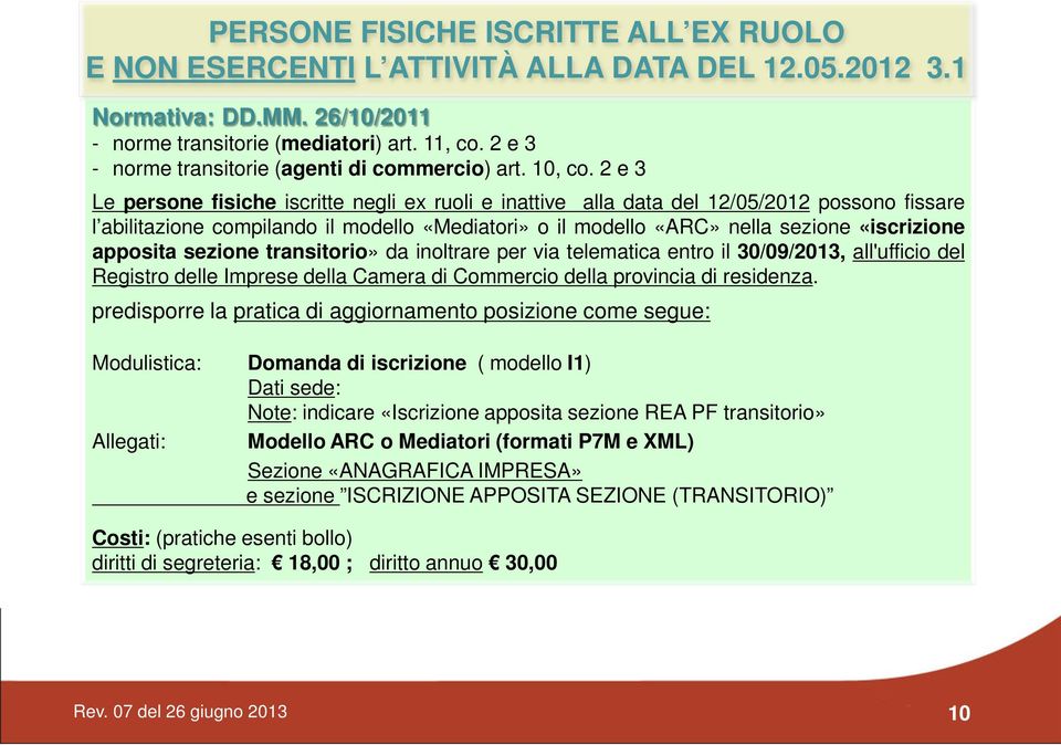 2 e 3 Le persone fisiche iscritte negli ex ruoli e inattive alla data del 12/05/2012 possono fissare l abilitazione compilando il modello «Mediatori» o il modello «ARC» nella sezione «iscrizione