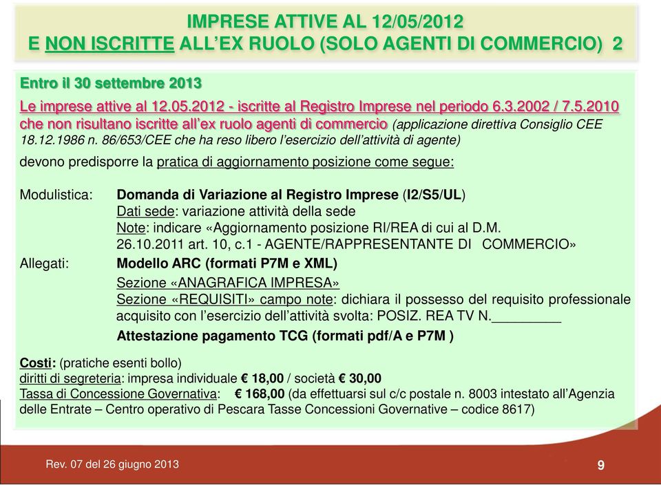 86/653/CEE che ha reso libero l esercizio dell attività di agente) devono predisporre la pratica di aggiornamento posizione come segue: Modulistica: Allegati: Domanda di Variazione al Registro