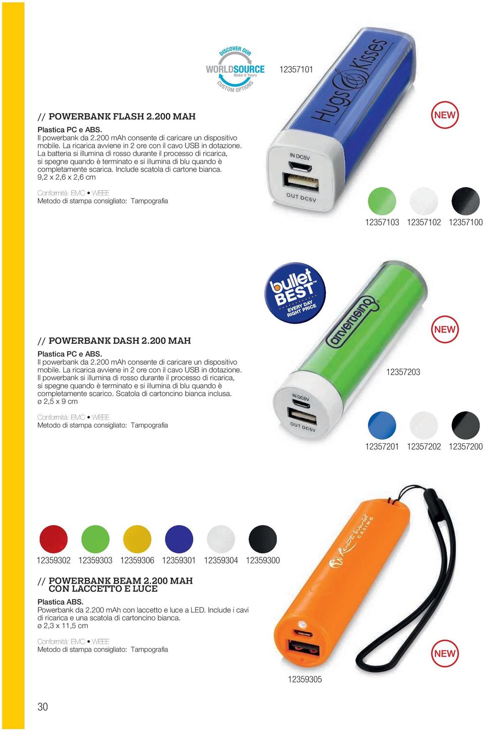 9,2 x 2,6 x 2,6 cm 12357103 12357102 12357100 // POWERBANK DASH 2.200 MAH Plastica PC e ABS. Il powerbank da 2.200 mah consente di caricare un dispositivo mobile.