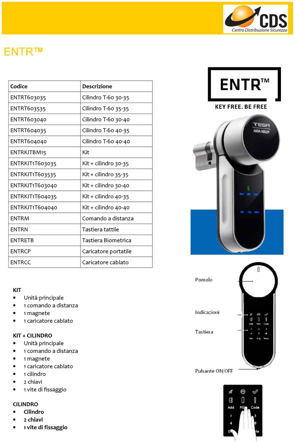 cilindro 40-40 ENTRM Comando a distanza ENTRN Tastiera tattile ENTRETB Tastiera Biometrica ENTRCP Caricatore portatile ENTRCC Caricatore cablato KIT Unità principale 1 comando a distanza 1