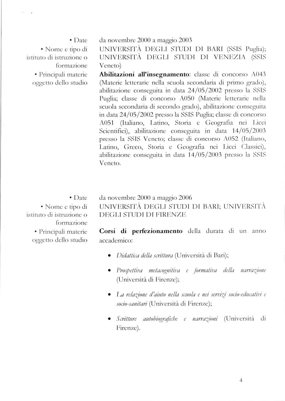 abilitazione conseguita in data 24/05/2002 presso la SSIS Puglia; classe di concorso A051 (Italiano, Latino, Storia e Geografia nei Licei Scientifici), abilitazione conseguita in data 14/05/2003