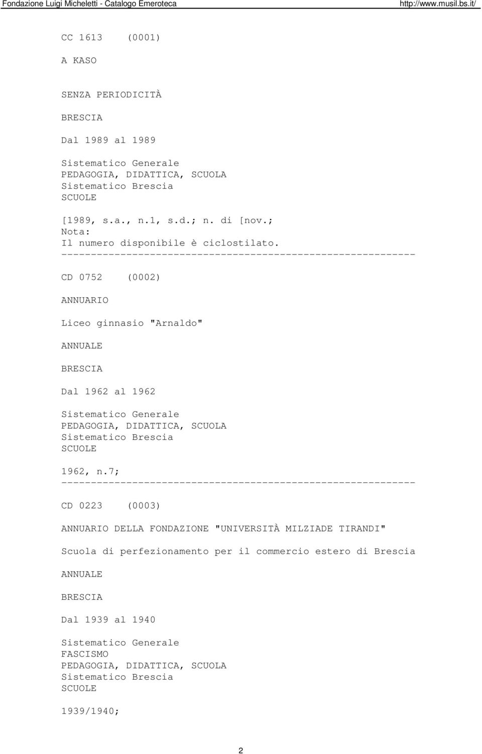 7; CD 0223 (0003) ANNUARIO DELLA FONDAZIONE "UNIVERSITÀ MILZIADE TIRANDI" Scuola di