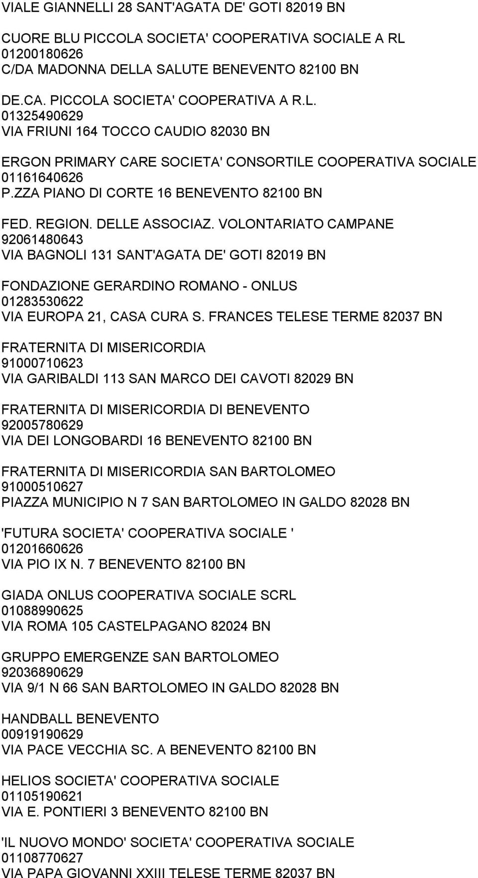 VOLONTARIATO CAMPANE 92061480643 VIA BAGNOLI 131 SANT'AGATA DE' GOTI 82019 BN FONDAZIONE GERARDINO ROMANO ONLUS 01283530622 VIA EUROPA 21, CASA CURA S.