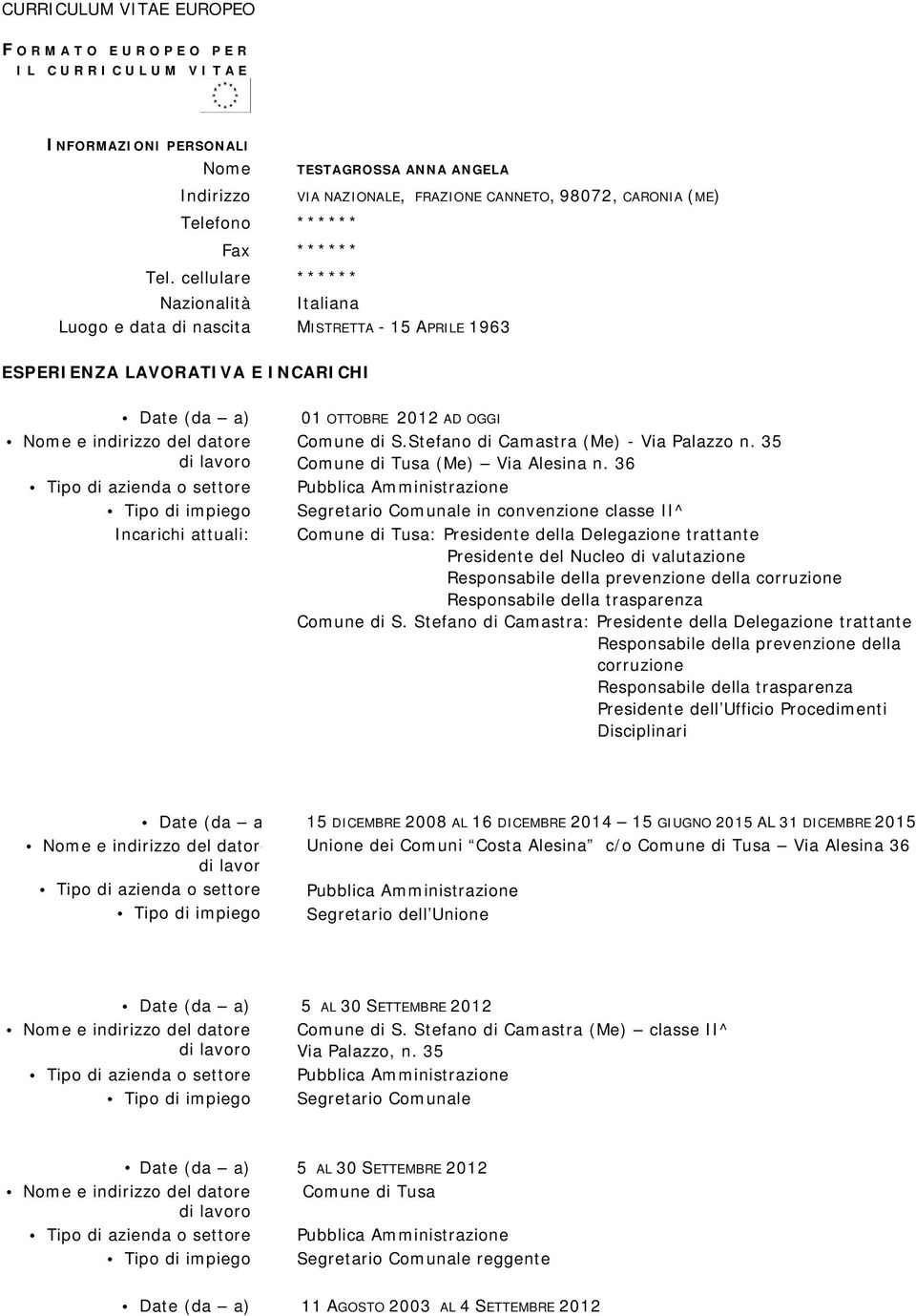 cellulare ****** Nazionalità Italiana Luogo e data di nascita MISTRETTA - 15 APRILE 1963 ESPERIENZA LAVORATIVA E INCARICHI Date (da a) Incarichi attuali: 01 OTTOBRE 2012 AD OGGI Comune di S.