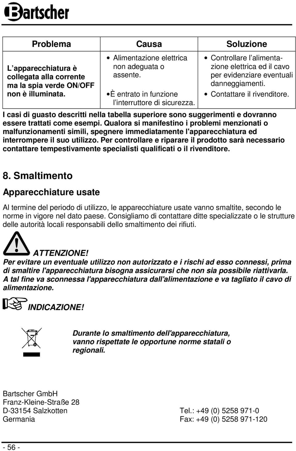 I casi di guasto descritti nella tabella superiore sono suggerimenti e dovranno essere trattati come esempi.