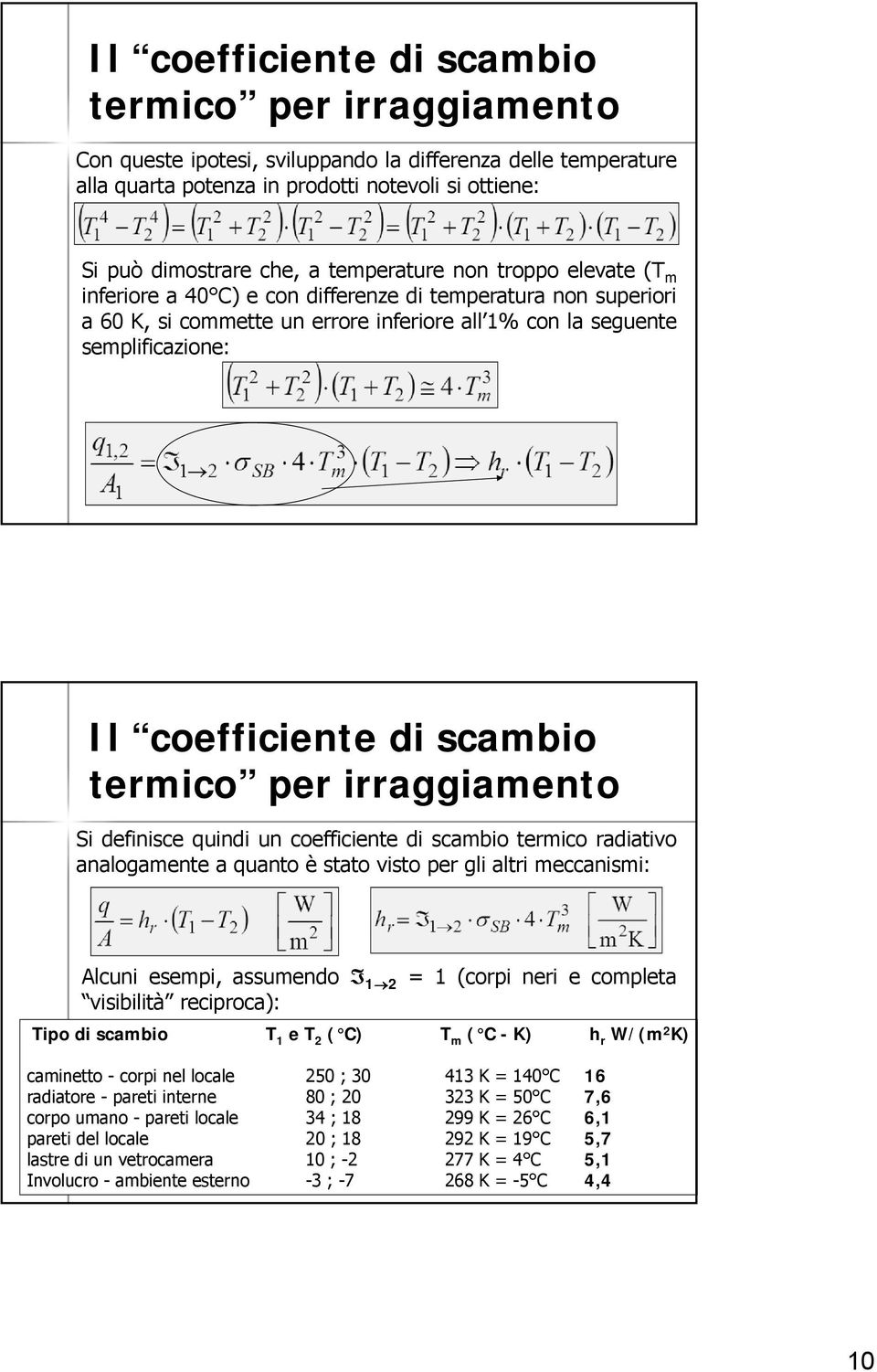 irraggiamento Si definisce quindi un coefficiente di scambio termico radiativo analogamente a quanto è stato visto per gli altri meccanismi: Alcuni esempi, assumendo 1 2 = 1 (corpi neri e completa