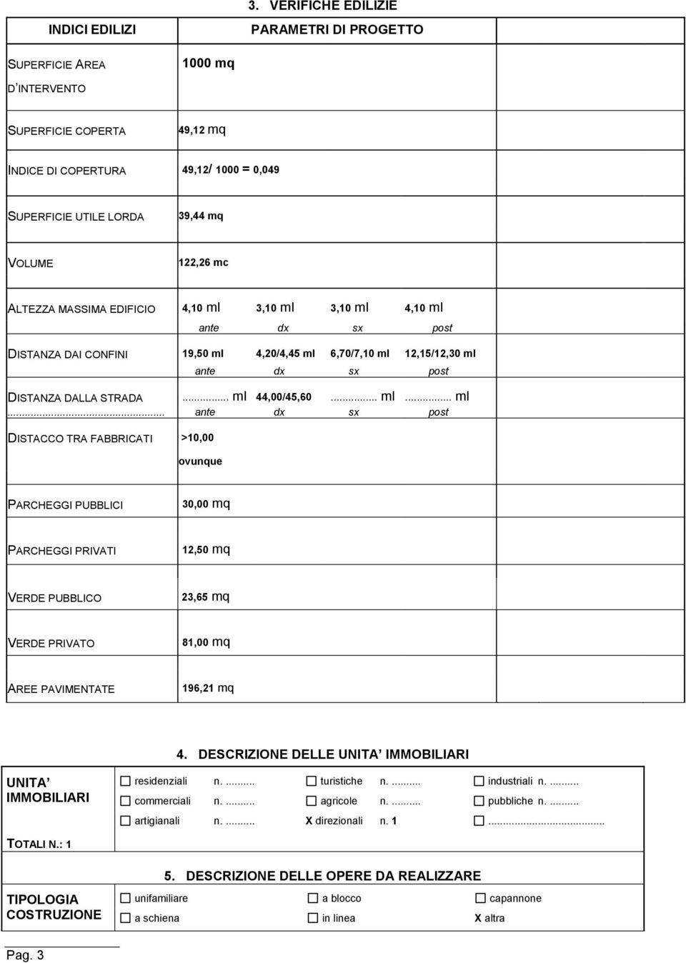 .. ml 44,00/45,60... ml... ml... ante dx ml sx post DISTACCO TRA FABBRICATI >10,00 ovunque PARCHEGGI PUBBLICI 30,00 mq PARCHEGGI PRIVATI 12,50 mq VERDE PUBBLICO 23,65 mq VERDE PRIVATO 81,00 mq AREE PAVIMENTATE 196,21 mq 4.