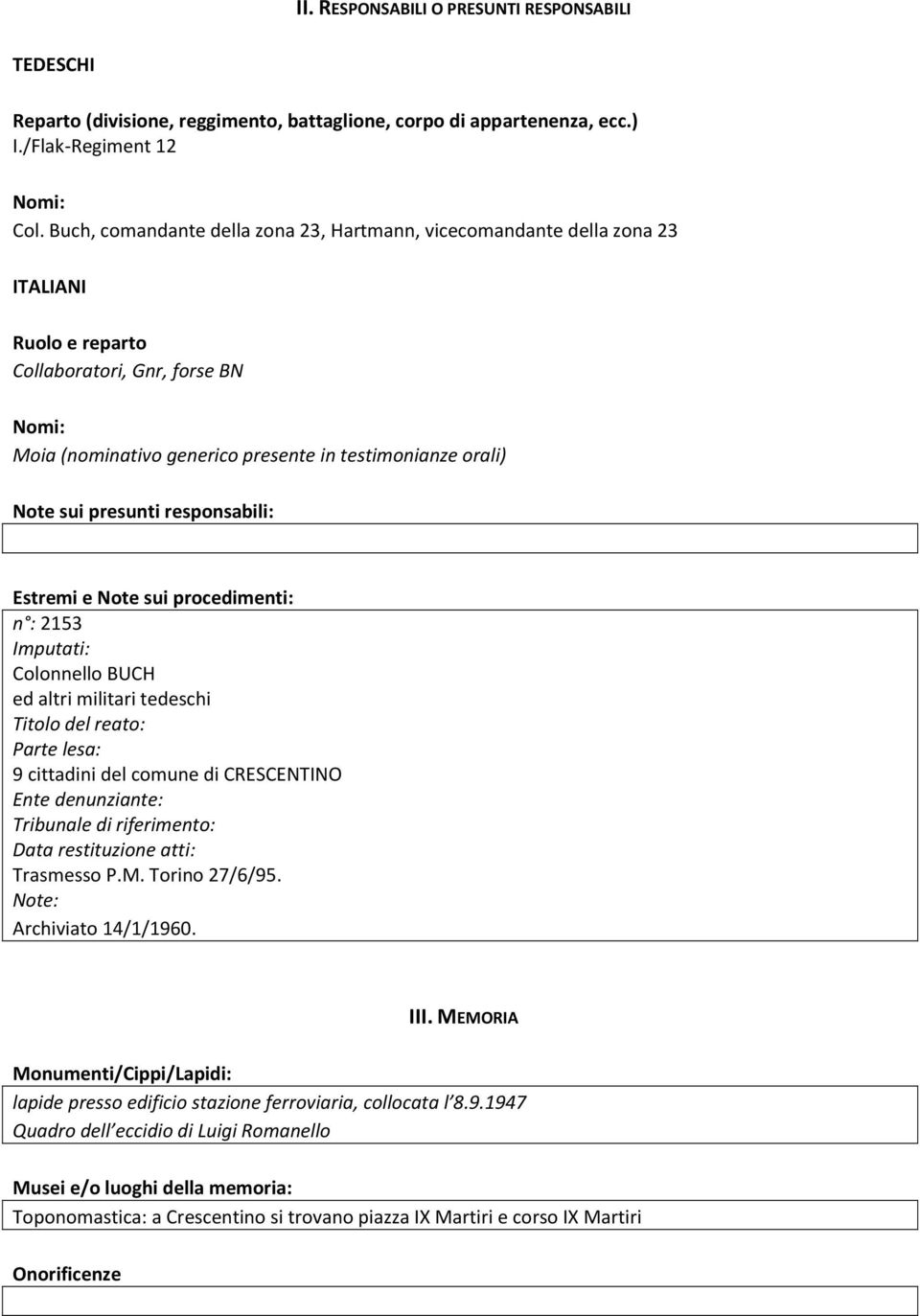 presunti responsabili: Estremi e Note sui procedimenti: n : 2153 Imputati: Colonnello BUCH ed altri militari tedeschi Titolo del reato: Parte lesa: 9 cittadini del comune di CRESCENTINO Ente