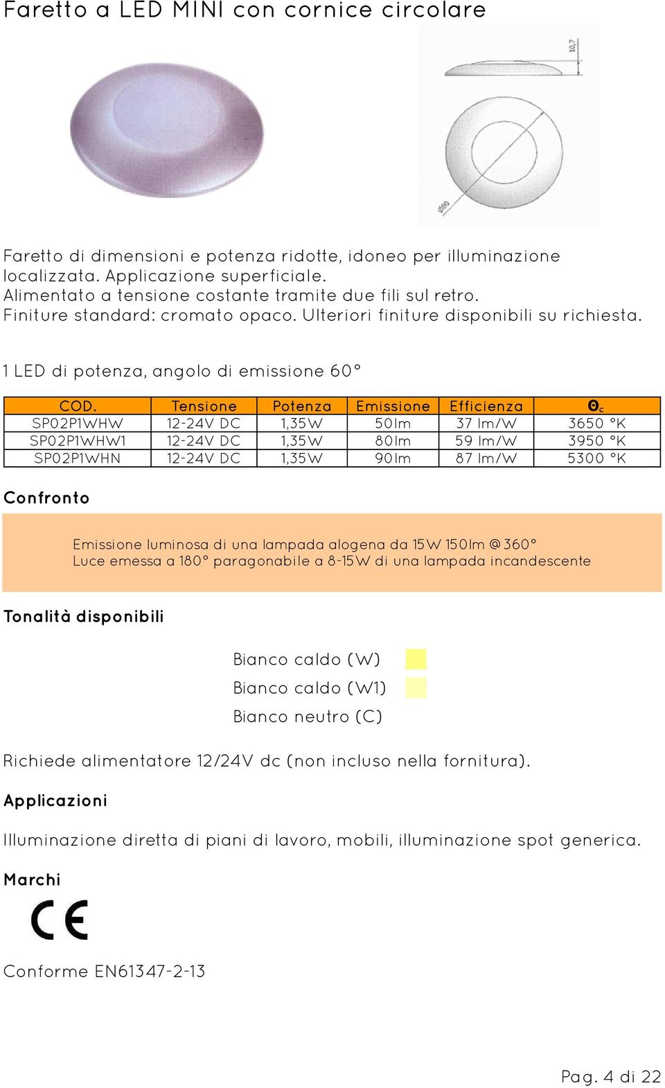 1 LED di potenza, angolo di emissione 60 Emissione Efficienza Θ c SP02P1WHW 12-24V DC 1,35W 50lm 37 lm/w 3650 K SP02P1WHW1 12-24V DC 1,35W 80lm 59 lm/w 3950 K SP02P1WHN 12-24V DC 1,35W 90lm 87 lm/w