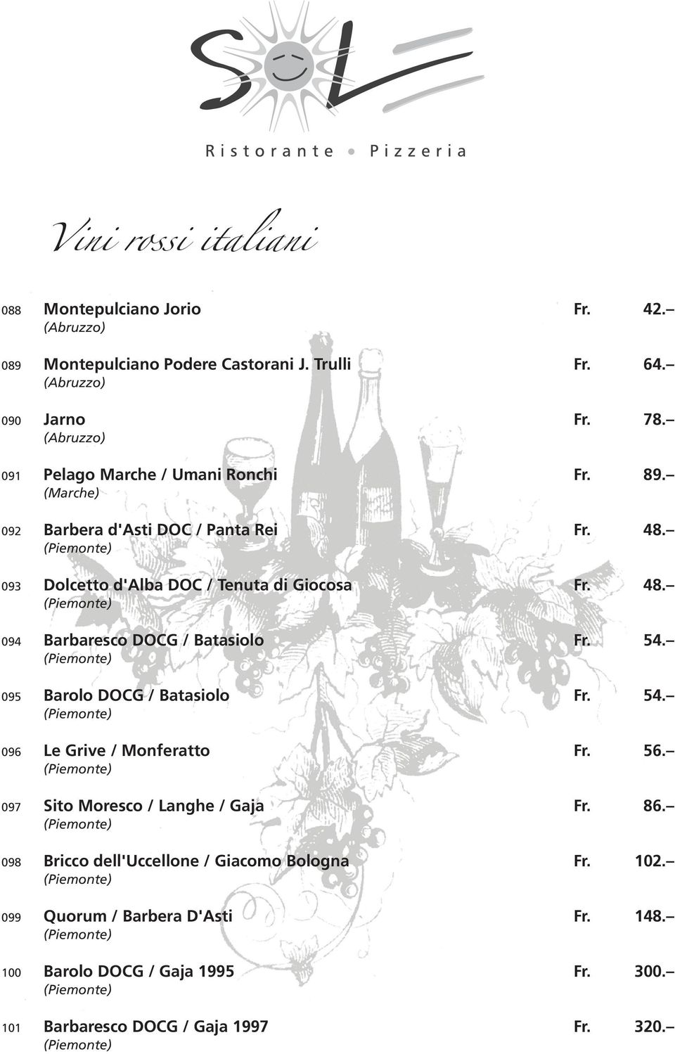 093 Dolcetto d'alba DOC / Tenuta di Giocosa Fr. 48. 094 Barbaresco DOCG / Batasiolo Fr. 54. 095 Barolo DOCG / Batasiolo Fr. 54. 096 Le Grive / Monferatto Fr.