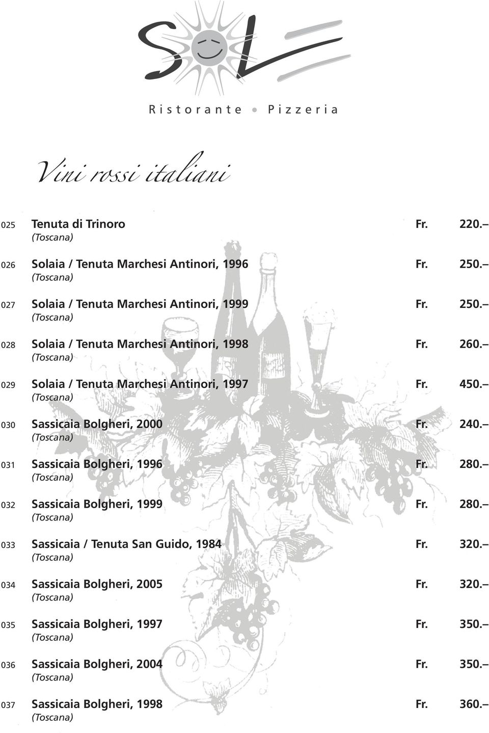 032 Sassicaia Bolgheri, 1999 Fr. 280. 033 Sassicaia / Tenuta San Guido, 1984 Fr. 320. 034 Sassicaia Bolgheri, 2005 Fr. 320. 035 Sassicaia Bolgheri, 1997 Fr.