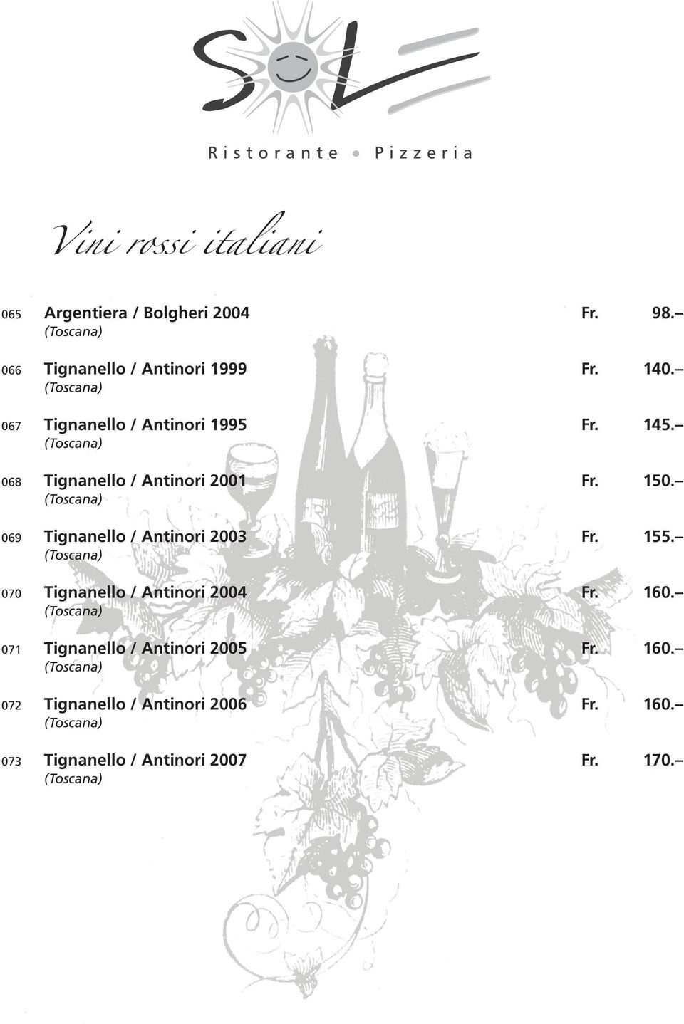 069 Tignanello / Antinori 2003 Fr. 155. 070 Tignanello / Antinori 2004 Fr. 160.