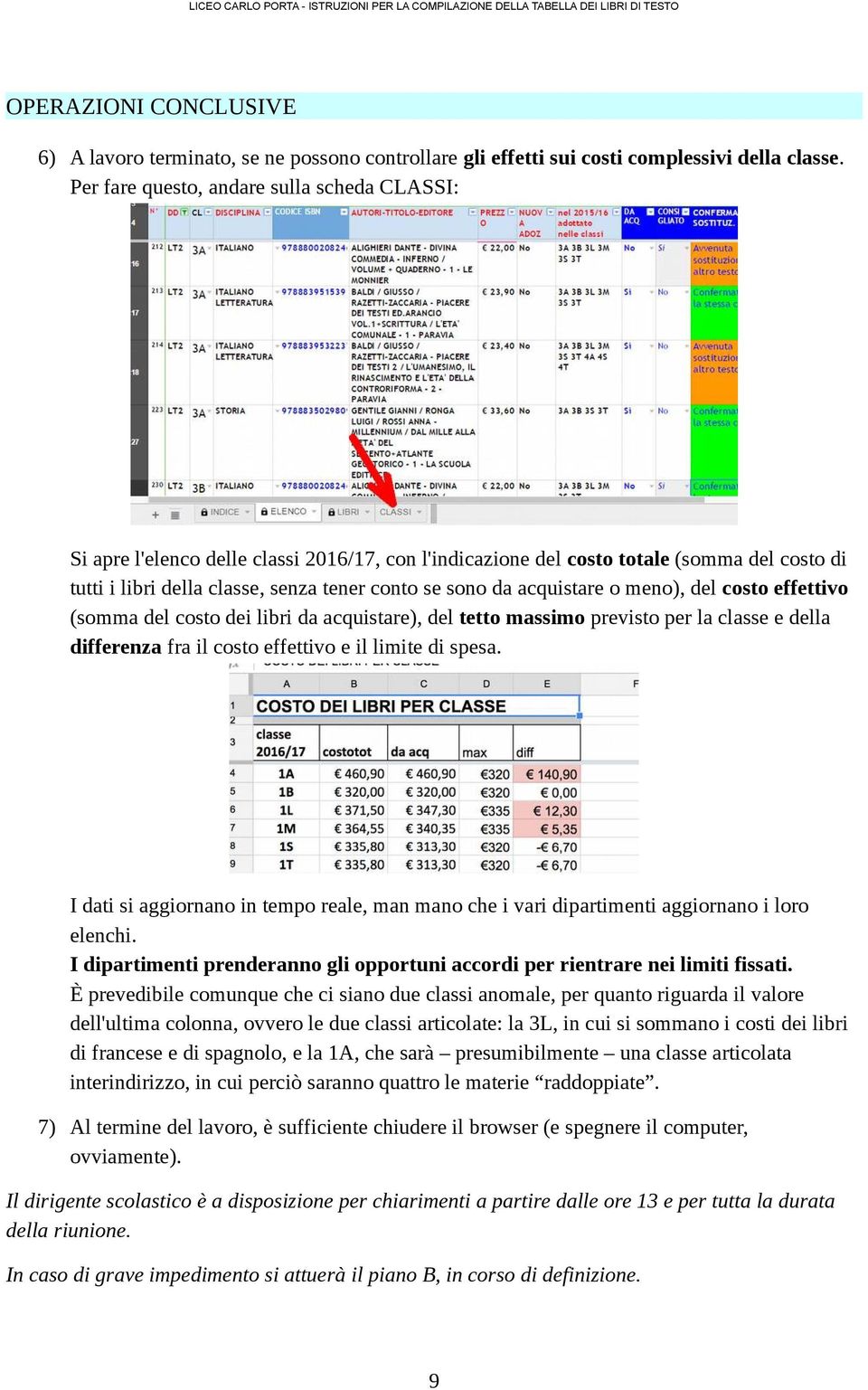 acquistare o meno), del costo effettivo (somma del costo dei libri da acquistare), del tetto massimo previsto per la classe e della differenza fra il costo effettivo e il limite di spesa.