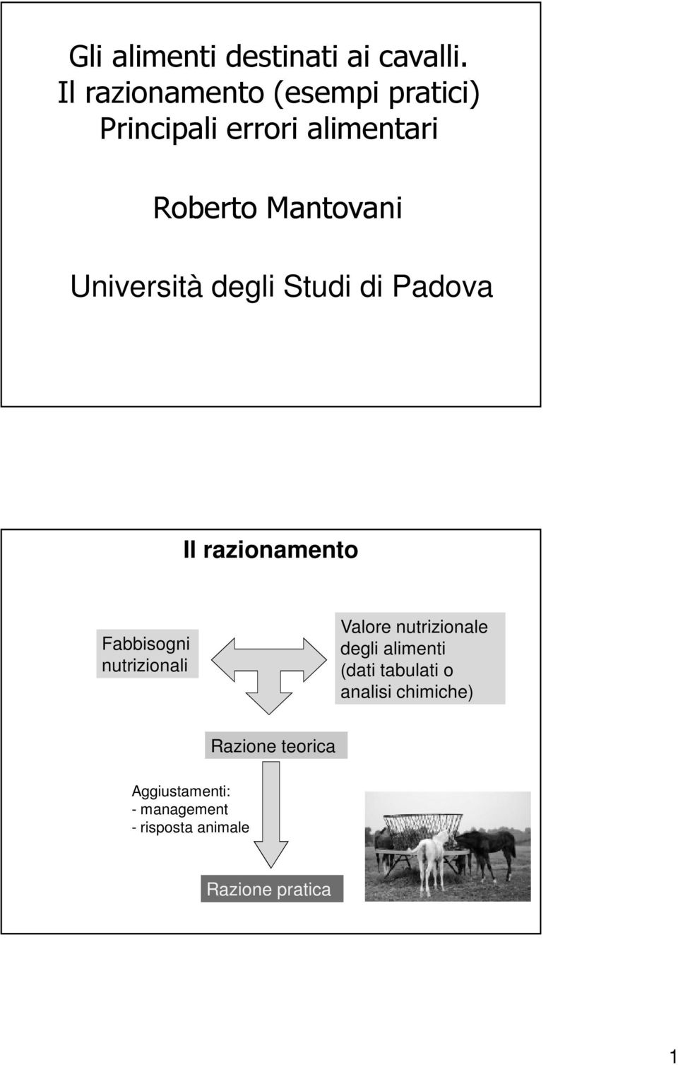 Università degli Studi di Padova Il razionamento Fabbisogni nutrizionali Valore