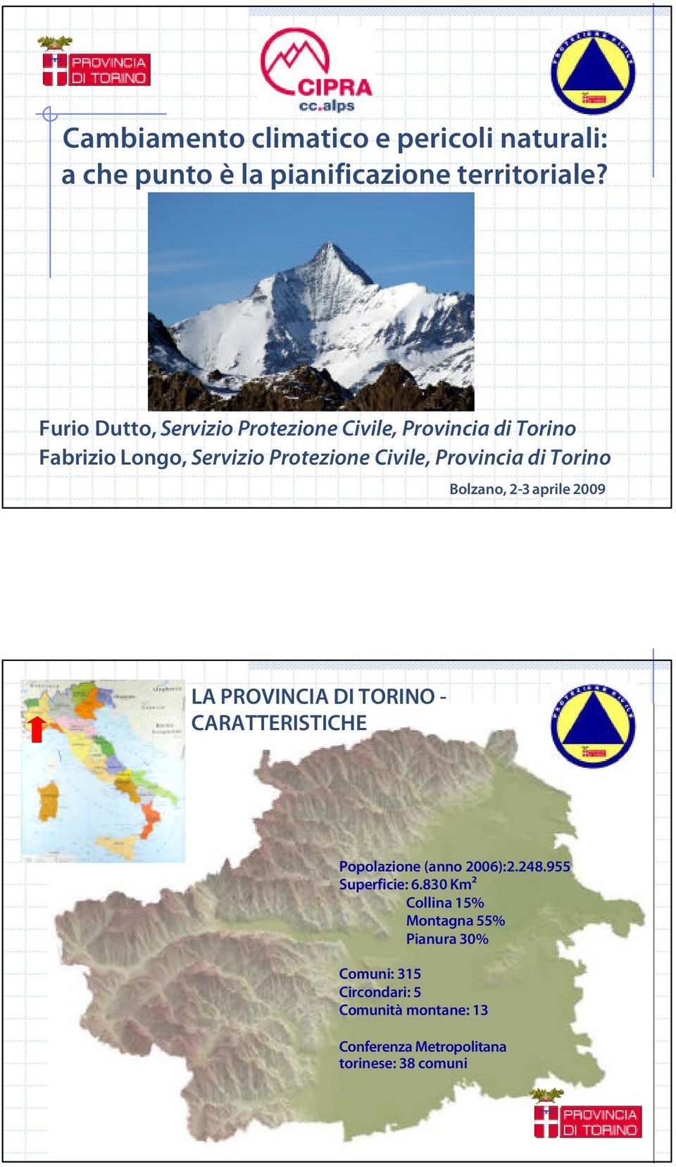 di Torino Bolzano, 2-3 aprile 2009 LA PROVINCIA DI TORINO - CARATTERISTICHE Popolazione (anno 2006): 2.248.
